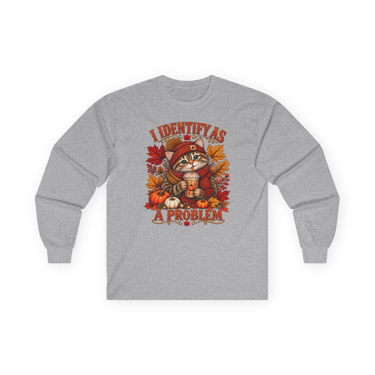 Fall Cat Graphic Long Sleeve Tee — "I Identify As A Problem" Cute Pumpkin & Leaves Shirt