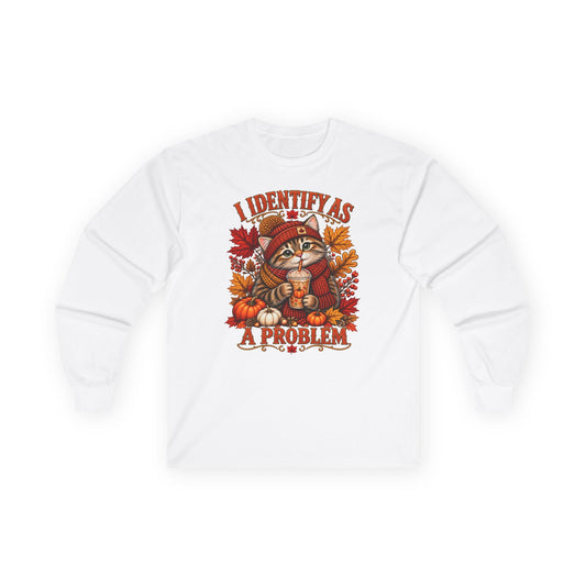 Fall Cat Graphic Long Sleeve Tee — "I Identify As A Problem" Cute Pumpkin & Leaves Shirt