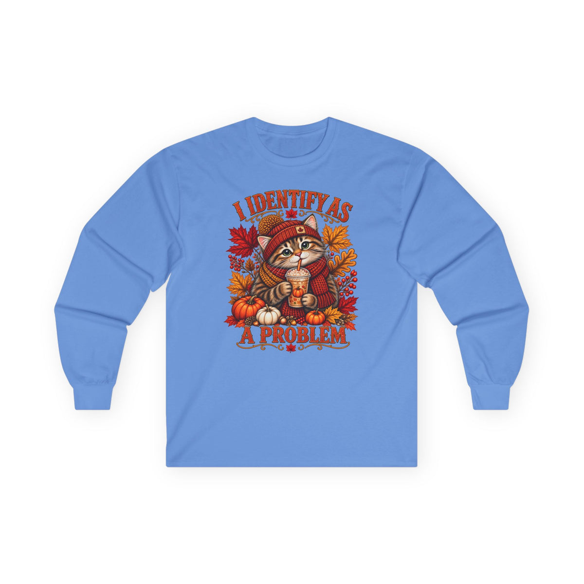 Fall Cat Graphic Long Sleeve Tee — "I Identify As A Problem" Cute Pumpkin & Leaves Shirt
