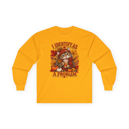 Fall Cat Graphic Long Sleeve Tee — "I Identify As A Problem" Cute Pumpkin & Leaves Shirt