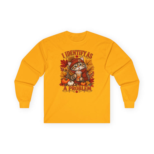 Fall Cat Graphic Long Sleeve Tee — "I Identify As A Problem" Cute Pumpkin & Leaves Shirt