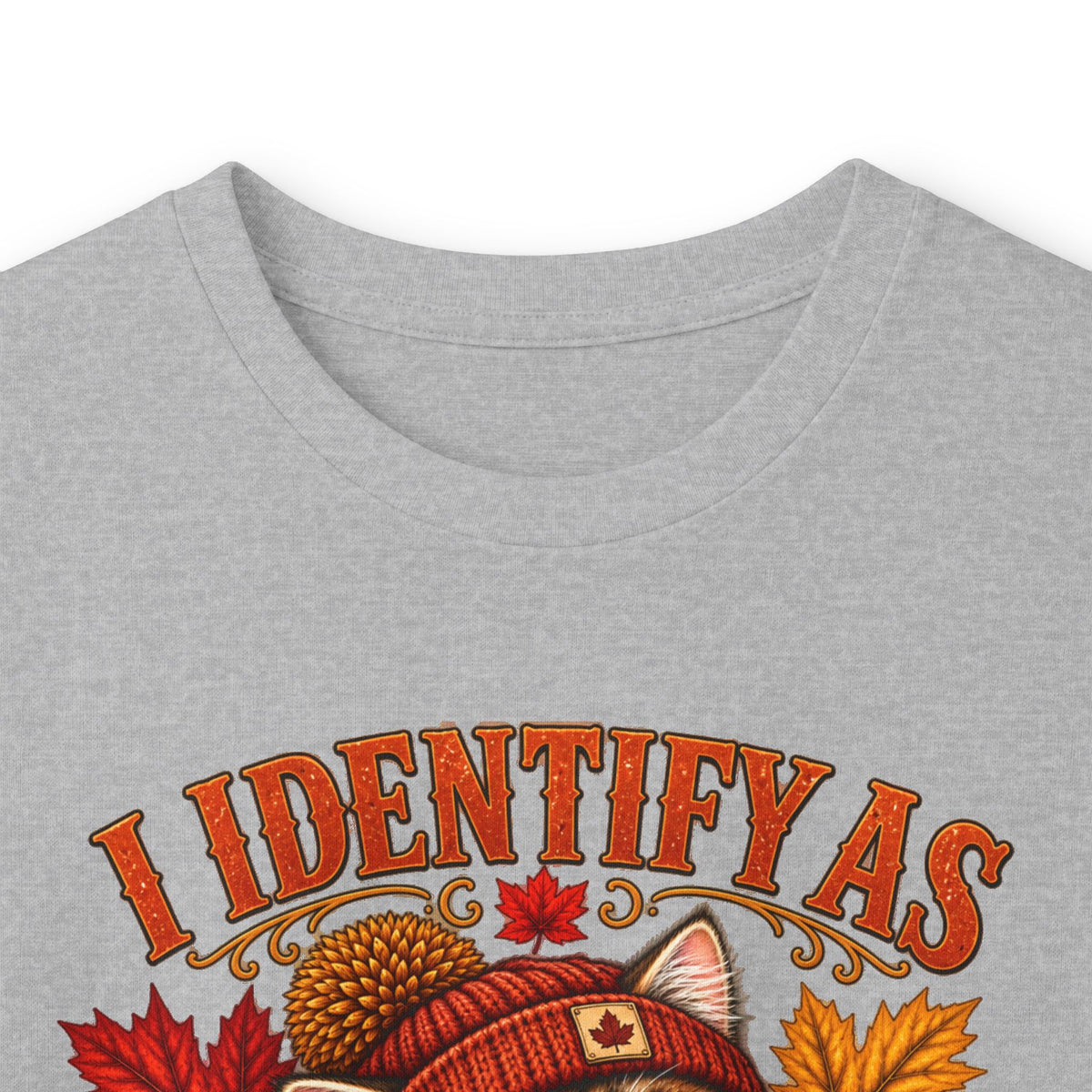 Fall Cat Graphic Long Sleeve Tee — "I Identify As A Problem" Cute Pumpkin & Leaves Shirt