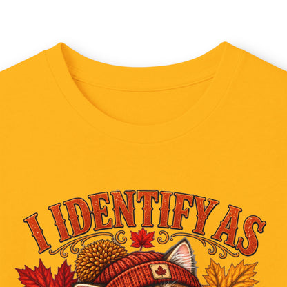 Fall Cat Graphic Long Sleeve Tee — "I Identify As A Problem" Cute Pumpkin & Leaves Shirt