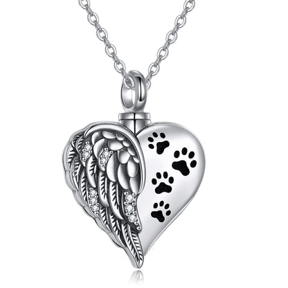 Sterling Silver Urn Necklace Pet Cremation Jewelry Angel Wing Memorial Keepsake Guardian Angel Protection Symbolism Heart Wings Design Cat Dog Loss Remembrance Gift Screw Top Compartment Holds Ashes Perfume Spiritual Jewelry Sympathy
